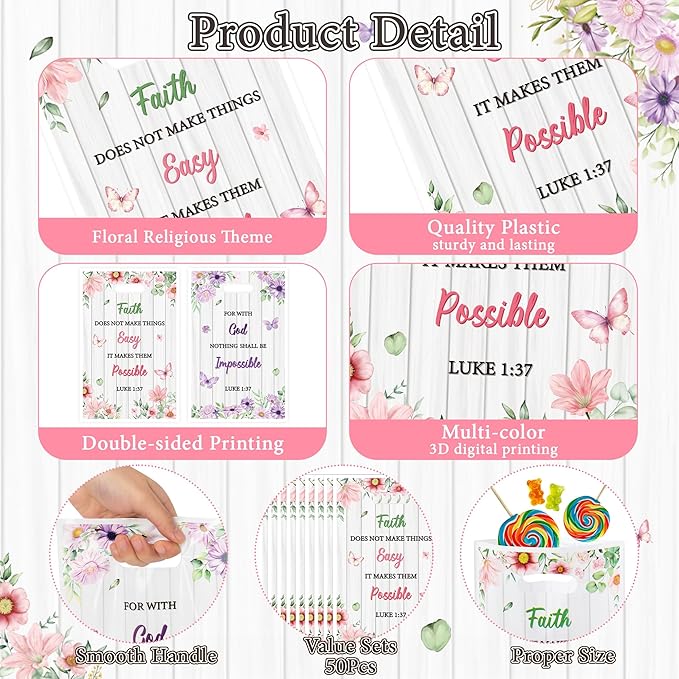 50Pcs Religious Party Favor Bags - Bible Verse Floral Goodie Candy Treat Plastic Gift Bag Inspirational Flower Christian Party Decoration for Kid Women Birthday Wedding Baptism Spring Church Supplies