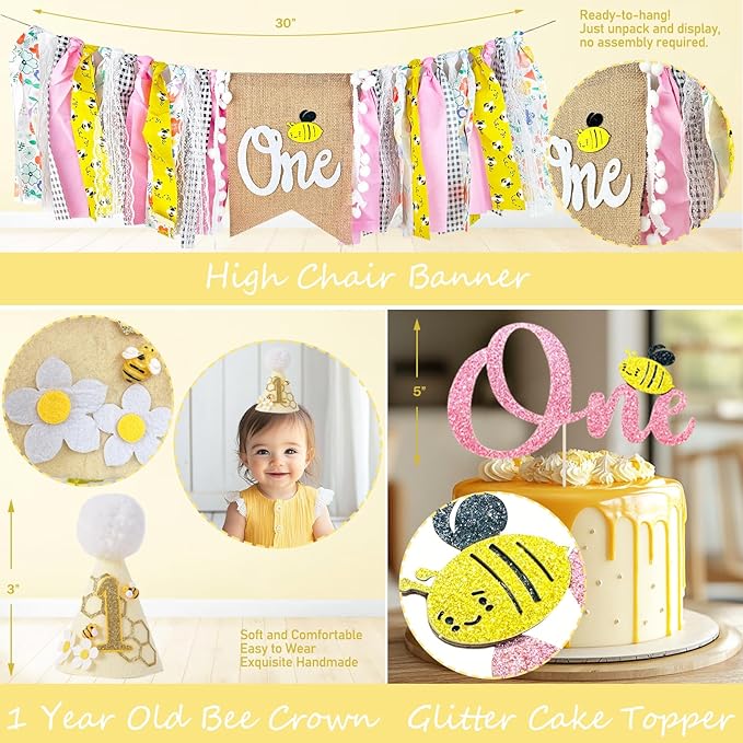 First Bee Day Decorations Girl – 108PCs Honey Bee Themed 1st Birthday Party Supplies with So Sweet to Bee One Backdrop, Banner, Pink Yellow Balloon Garland Kit, Tablecloth