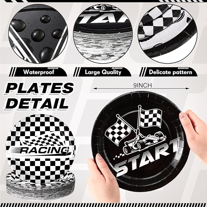 60 Pcs Race Car Birthday Party Decorations 9 Inch Checkered Flag Disposable Paper Plates Racing Themed Dessert Dinnerware for Kids Boys Birthday Baby Shower Home Party Supplies, 4 Style