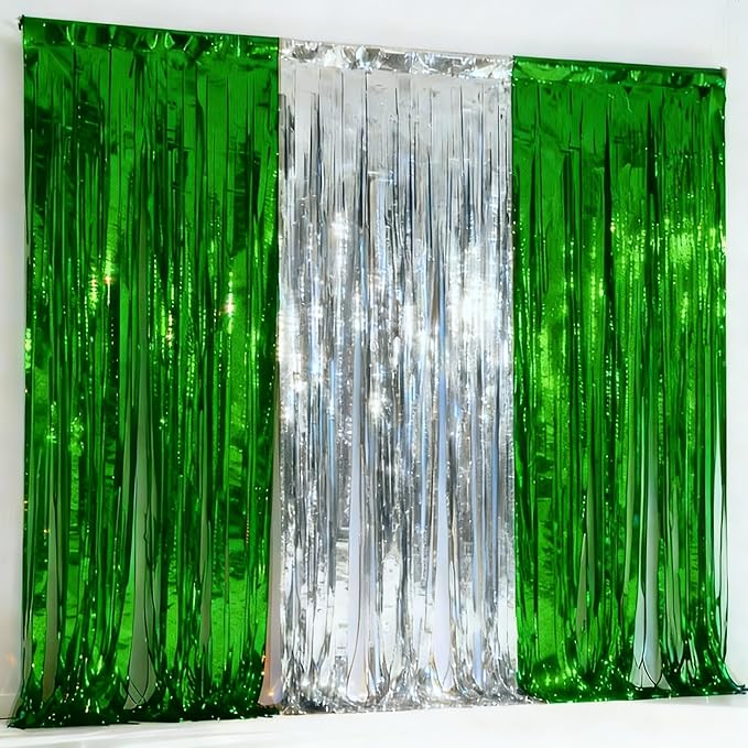 3 Packs Green Silver Foil Fringe Curtains, Birthday Party Decorations Backdrop Tinsel Steamer, Graduation Party Decorations Retirement Decor Party Backdrop