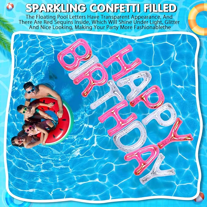 Shappy 20'' Happy Birthday Pool Large Floating Letter Balloons with Adhesive Dots Inflatable Pool Decorations for Summer Birthday Party