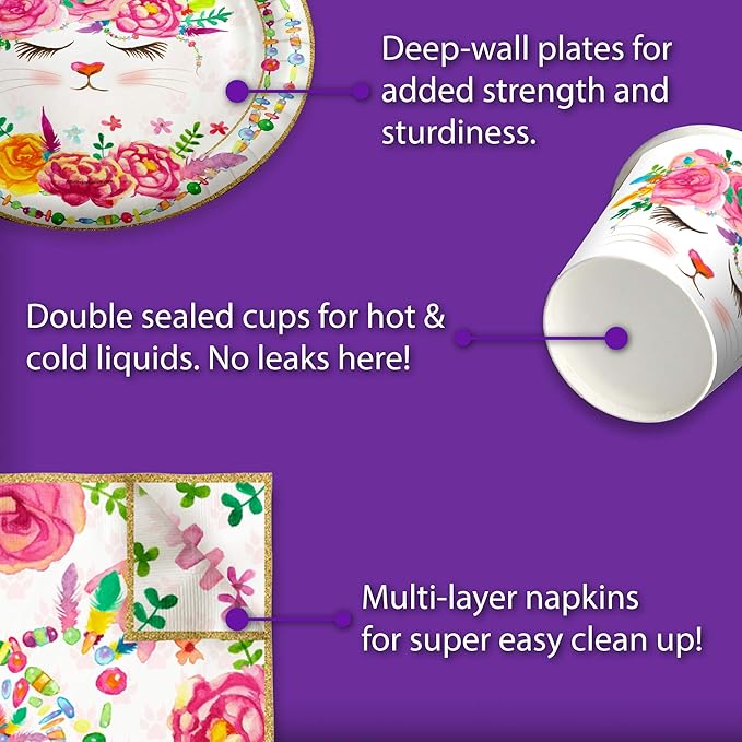 Kitten Kitty Cat Floral Birthday Party Supplies Set - Cat Birthday Party for Girl - Kitten 1st Birthday Party - Spring Party - Boho Party - Tableware Includes Plates, Napkins and Cups | Kit for 16