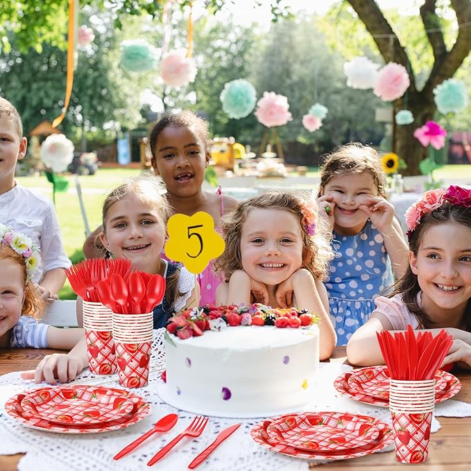 350 Pcs Strawberry Party Supplies Tableware Set Disposable 9'' 7'' Paper Plates 9 oz Cups Cutlery Napkins Dinnerware Set for 1st Birthday, Serve 50 (Gingham Strawberry, Red, Pink)