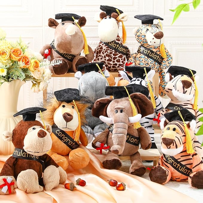 HyDren 10 Pieces 9 Inches Graduation Safari Stuffed Animals Set Plush Safari Stuffed Animal Elephant Giraffe Lion Tiger Monkey Rhinoceros Zebra Leopard Hippo for Graduation Party Favors Gifts