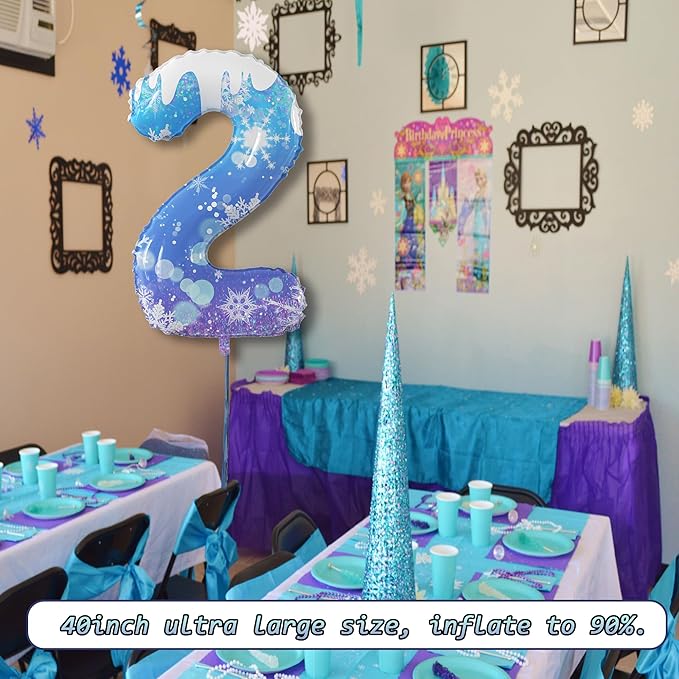 40 Inch Frozen Balloon Number 2 Birthday Balloons Decorations for Girls Birthday Snowflake Themed Party Supplies Winter Party Decorations (Blue Snowflake, number 2)