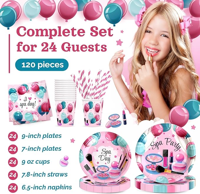 Spa Birthday Party Decorations, 120Pcs Spa Day Party Supplies Disposable and Relaxing Tableware Includes Plates, Napkins, Cups and Straws | Serves 24