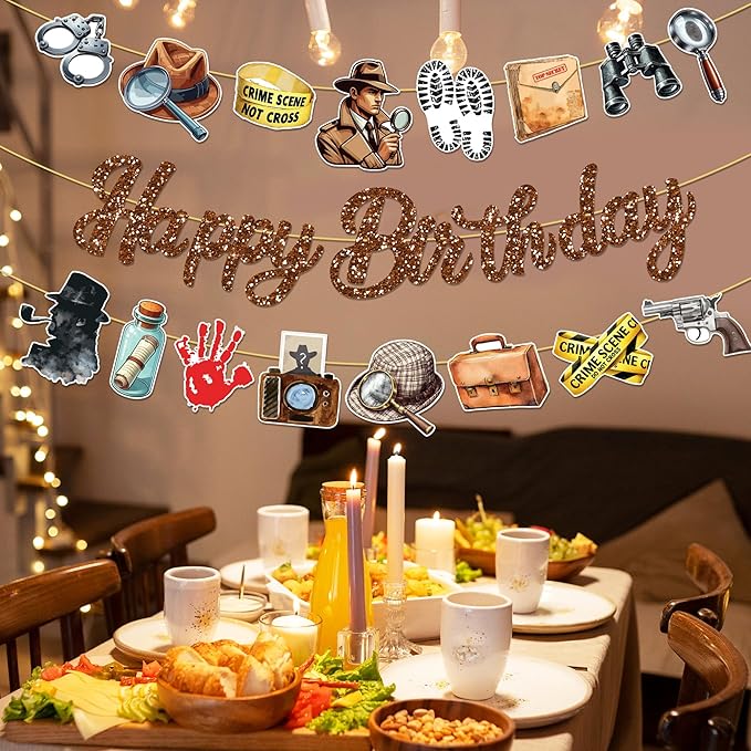 CC HOME 3Pcs Detective Happy Birthday Banner Magnifying Glass Camera Party Hanging Banner Detective Theme Birthday Bridal Wedding Baby Shower Boys Girls Kids Home Classroom Party Supplies Decorations