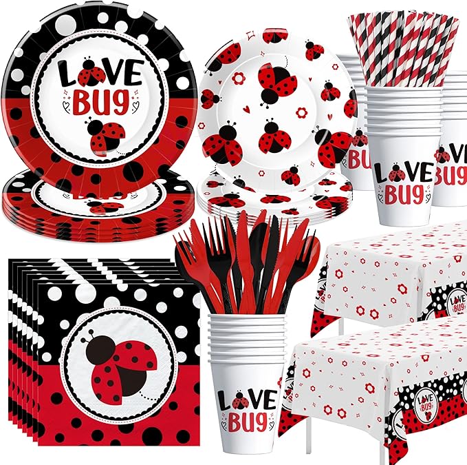 Xigejob Ladybug Birthday Party Decorations Tableware, Ladybug Party Supplies Girl for Birthday Baby Shower, Paper Plate, Cup, Napkin, Tablecloth, Disposable Cutlery, Straw, Serves 24