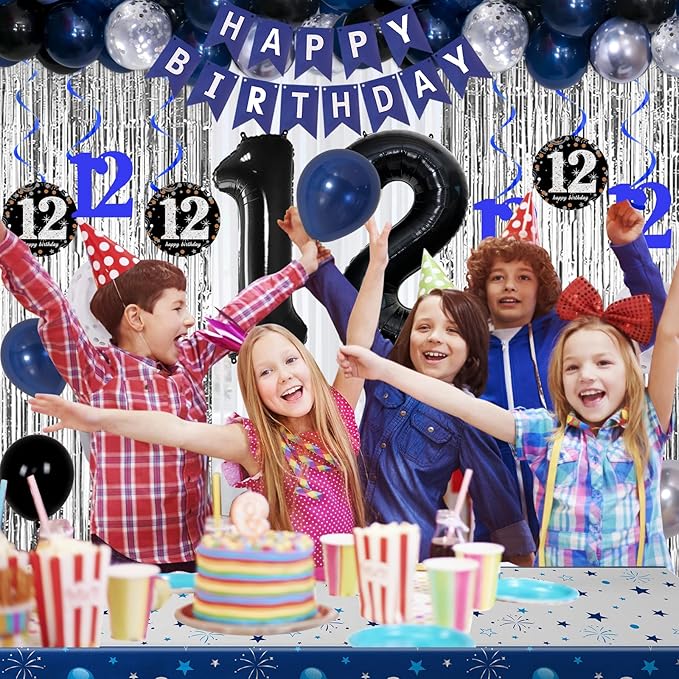 12th Birthday Decorations for Boys and Girls Dark Blue, 12 Year Old Party Supplies with HAPPY BIRTHDAY Banner 12 Balloon Number Tablecloth Foil Star Balloons Garland Arch Kit