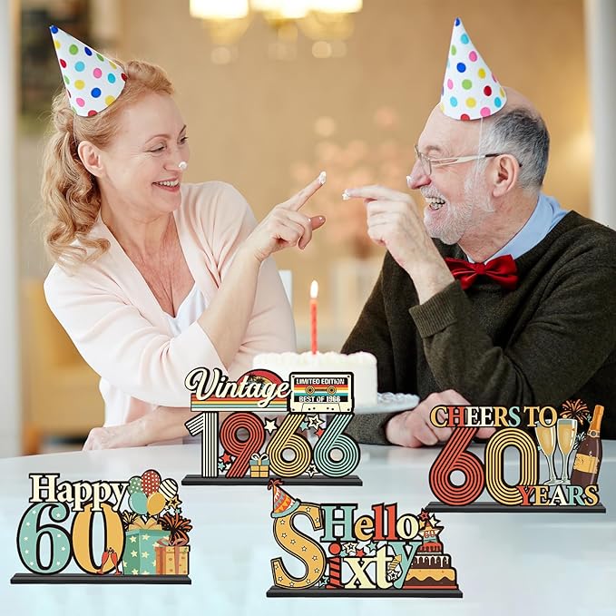 60th Birthday Decorations for Men Women - Colorful Vintage 1966 Sixty Birthday Wooden Centerpieces Table Decor, Cheers to 60 Years Old Bday Table Topper Sign Party Supplies