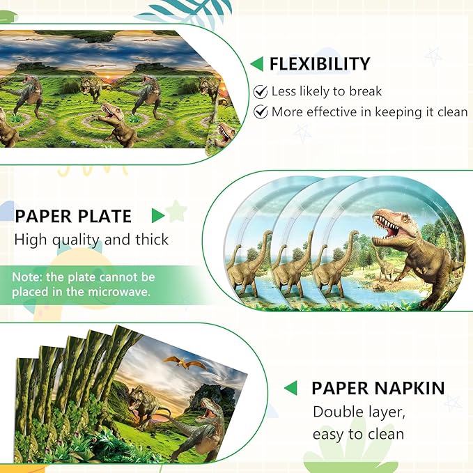 41Pcs Dinosaur Birthday Party Decorations,Dino Party Decorations Tableware Set Jurassic Dinosaur Paper Plates Napkins Tablecloth丨Boys Kids Baby Shower Jurassic Theme Birthday Party Decor,Serve 20