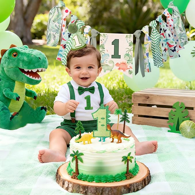 Dinosaur Theme 1st Highchair Banner Tassel Garland Dino Conical Cap Cake Topper Green First Dinosaur Birthday Decorations