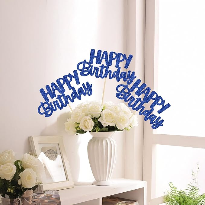 Gyufise 12Pcs Happy Birthday Centerpieces Sticks Double Sided Glitter Birthday Party Decorations Anniversary Table Flower Centerpiece for Celebrating Party Supplies Dark Blue