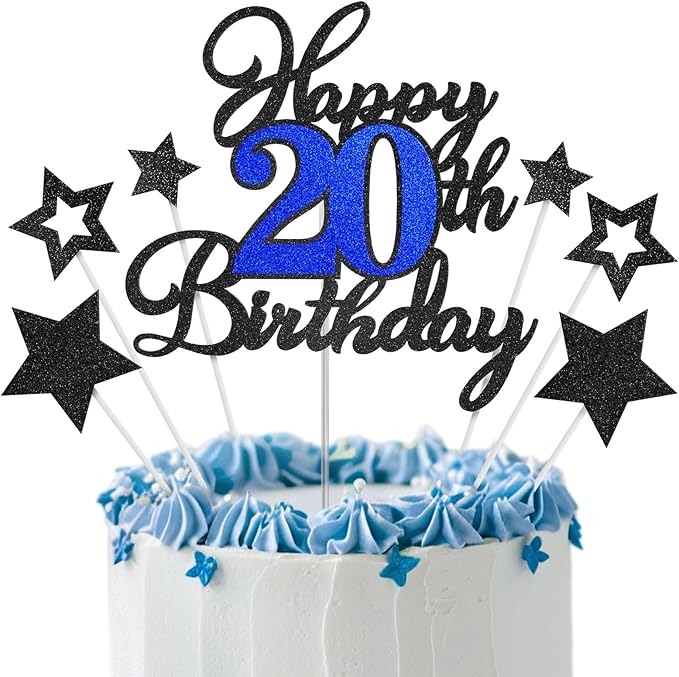 20th Birthday Cake Topper, Black Blue Happy 20th Birthday Cake Toppers for Boy Girl, 20 Years Old Birthday Party Supplies, Glitter Cake Decor, 20th Birthday Cake Decorations