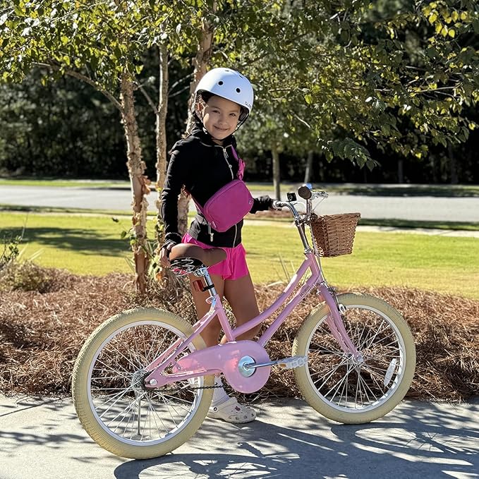 Petimini Vintage Kids Bike for Girls, 12–20 Inch Classic Bicycle with Wicker Basket & Bell, High Tensile Steel Frame, Training Wheels (12–18”), 85% Pre-Assembled, Retro Bike for Outdoor Riding
