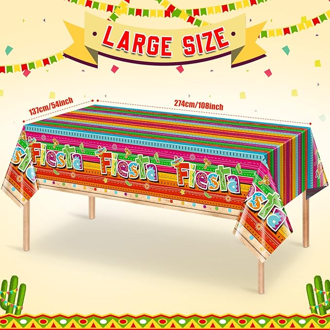 Jectivs 6-Piece Mexican Fiesta Plastic Tablecloth Set, Rectangular, 54 x 108 Inch, All-Season, Waterproof, Durable, for Party, Birthday, Taco Night, Cinco de Mayo Decorations