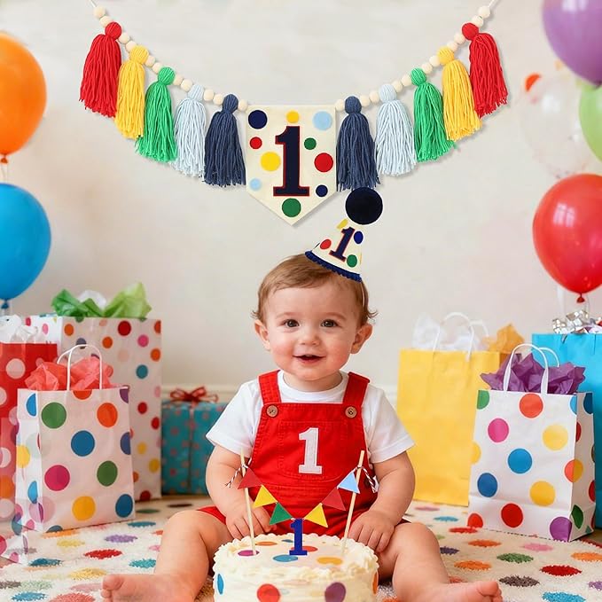 Colourful Rainbow Dot 1st High Chair Banner Conical Cap Primary Colors Cake Topper for Boys Girls Birthday Party Decorations