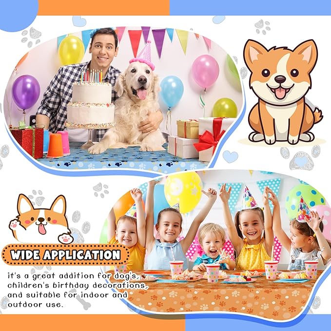 4 Pack Puppy Dog Pet Paw Print Plastic Tablecloth 54 x 108 Inches Blue White Orange Table Cover Paw Print Disposable Rectangle Table Cover for Pet Blue Dog Birthday Party Supplies