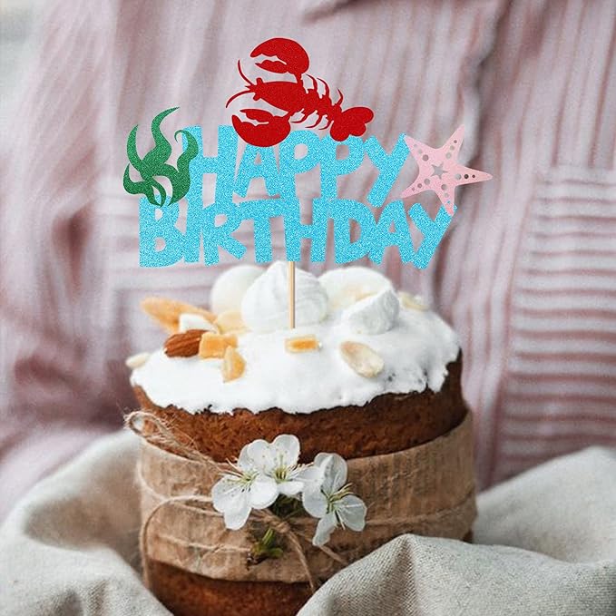 1 Pack Crawfish Happy Birthday Cake Topper Glitter Lobster Starfish Seaweed Theme Birthday Cake Pick for Baby Shower Birthday Ocean Party Cake Decoration Supplies Blue