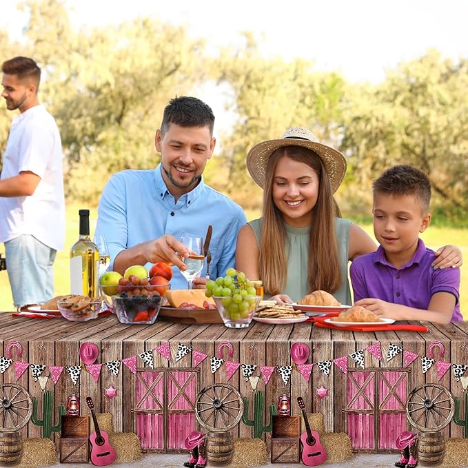 Tiamon 1 Pieces Western Party Tablecloth Cowgirl Table Cover Pink Western Cowgirl Plastic Tablecloth Disposable Wild West Table Cover for Baby Shower Birthday Party Supplies, 54 X108 Inch