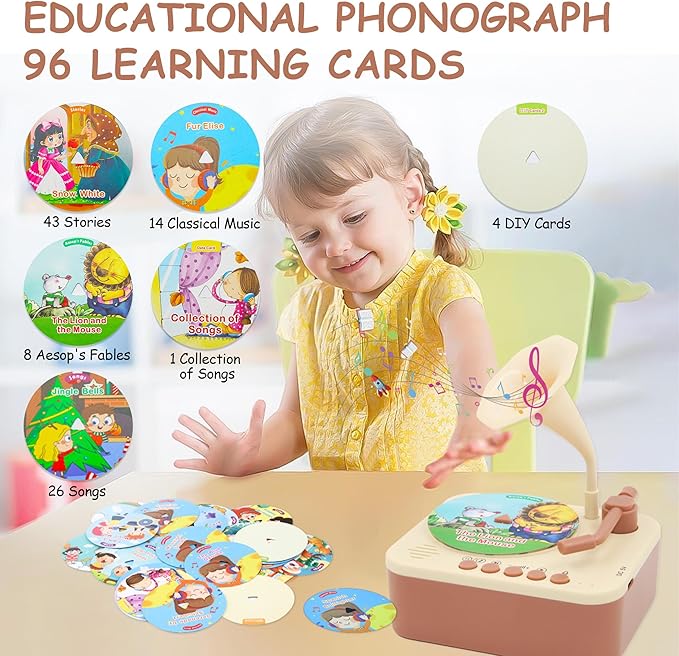Kids Gramophone with 96 Learning Cards, Kids Record Player, Storytelling Machine and Toddler Music Player for Early Education, Phonograph Toy for Kids Ages 3+