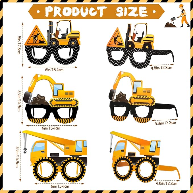 Funrous 32 Pcs Construction Theme Party Eyeglasses Dump Truck Cardboard Glasses Engineering Excavator Photo Booth Props for Boy Transportation Birthday Party Supplies Favor