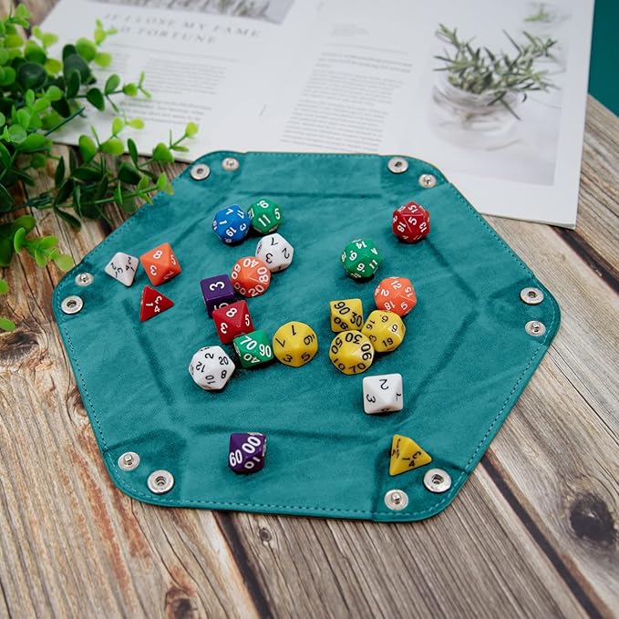 SIQUK 6 Pieces Dice Tray Hexagon Dice Rolling Holder Folding PU Leather Dice Trays for Dice Games Like RPG, DND and Other Table Games(Cyan, Black, Violet, Pink, Camel, Sky Blue)
