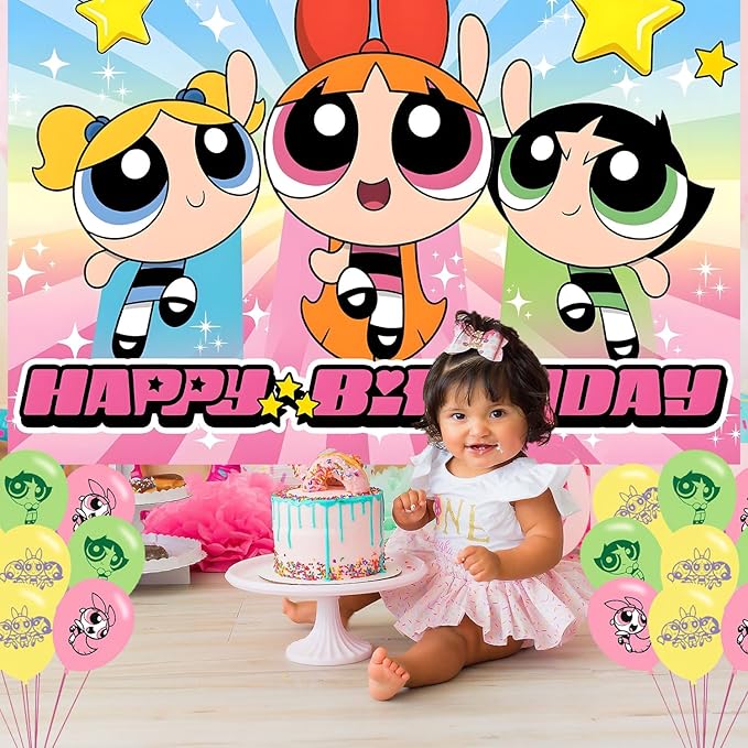 Power Girls Birthday Party Decoration,Power Girls Party Photo Background 5 x 3 FT and 18 Pcs Balloon,Merch Party Backdrop Supplies