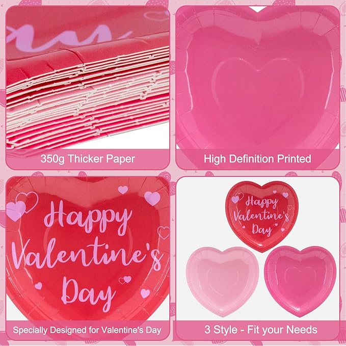 24 Pcs Happy Valentine's Day Plates - Red Pink Heart Shaped Paper Plates, Disposable Love Heart Dinner Dessert Plate Tableware for Valentines Day Anniversary Wedding Party Supplies, 7.5 x 7.5 Inch