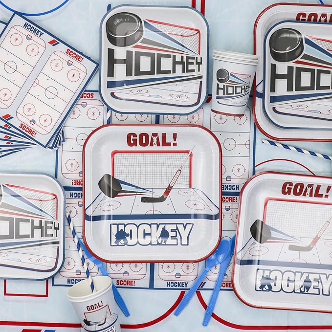 162Pcs Hockey Party Decorations - Including Hockey Theme Plates, Napkins, Cups, Birthday Banner for Ice Hockey Party Decoration Kids Party Supplies, Serve 20