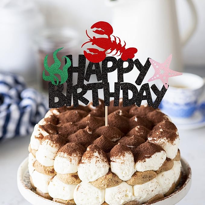 1 Pack Crawfish Happy Birthday Cake Topper Glitter Lobster Starfish Seaweed Theme Birthday Cake Pick for Baby Shower Birthday Ocean Party Cake Decoration Supplies Black