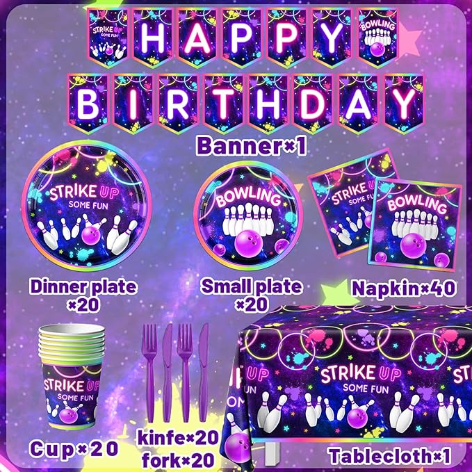 Bowling Birthday Tableware 142Pcs Let's Strike Up Some Fun Bowling Party Decorations Rainbow Neon Glow Girls Birthday Party Favors Disposable Plates,Tablecloth,Napkins,Cups,Forks and Knives