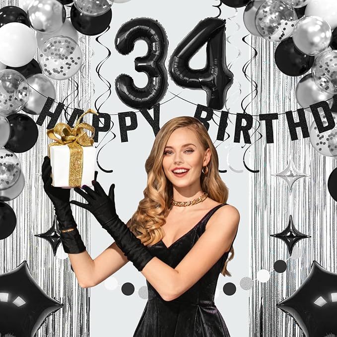 34th Birthday Decorations for Men Women- Black Silver Happy 34th Birthday Party Decor With Banner Backdrop,Number 34 Foil Balloon -Black White Balloons Garland Arch Kit for 34 Years Old
