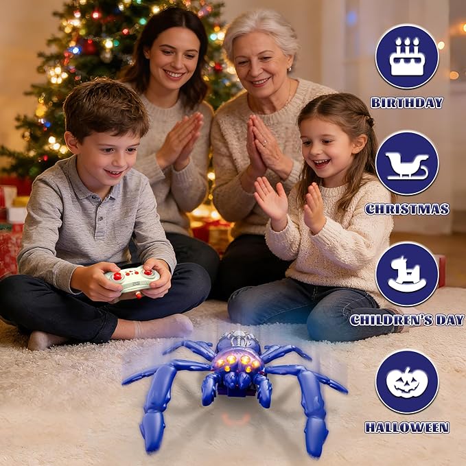 Wall Crawling Spider, Rechargeable Remote Control Robot Toy for Kids with LED Eyes and 360° Stunts, Wall Climbing Funny Prank Toys Birthday Gifts for Boys & Girls Ages 3-5 4-6 7-8 (Blue)