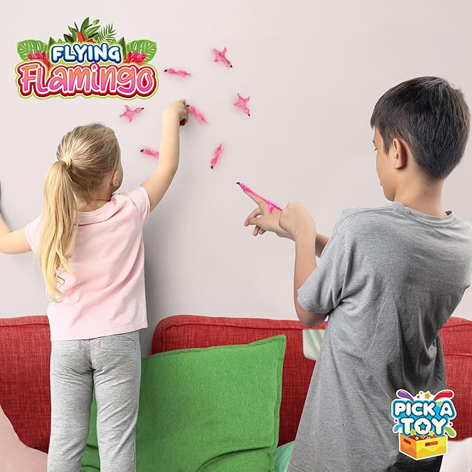 PICK A TOY 36 Pcs Flamingo Party Favors Toys for Kids, Bird Shooter Game Finger Flingers, Tropical Themed Decorations, Kids Prizes, Flying Rubber Chickens Slingshot, Easter Egg Filler