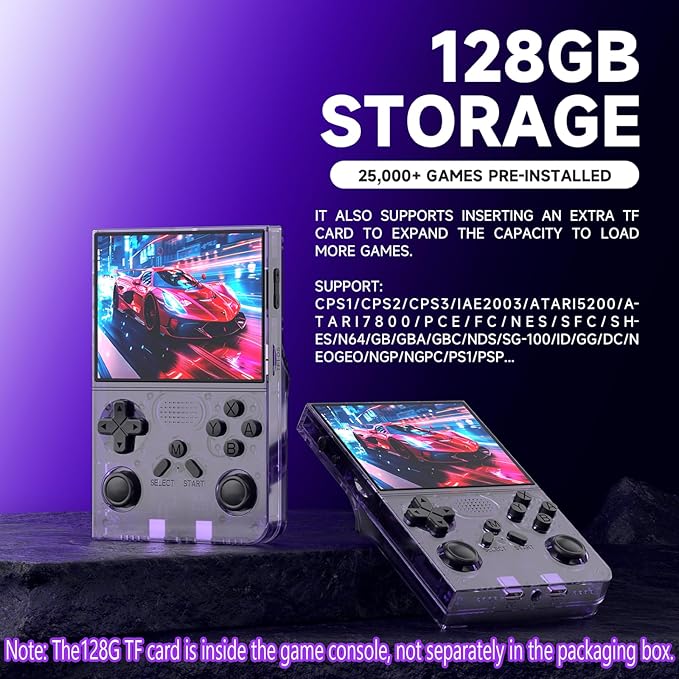R40 Retro Handheld Game Console - Open Source System,3.5" IPS Screen, 18,000+ Classic Games, 128G TF Card, 3000mAh Battery, Portable Gaming Player for Travel, Retro Gaming Console, Purple