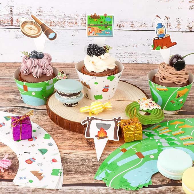 48 Pack Camping Cupcake Toppers and Wrappers, Woodland Adventure Party Cake Decoration for Camping Theme Birthday Party Baby Shower Supplies