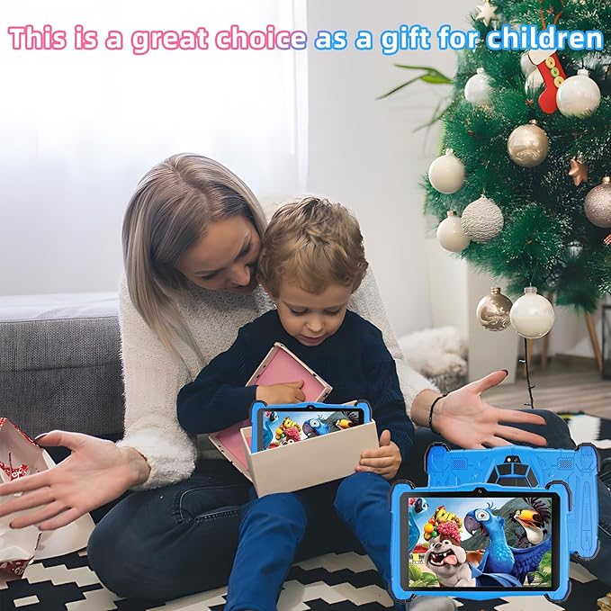 Kids Tablet 7 inch with Shockproof Case for Child 3-10, Educational Learning Toddler Tablet Android 14, 10GB RAM+64GB ROM, Parental Controls, Google Play YouTube, Gift for Boy Girl（Blue）