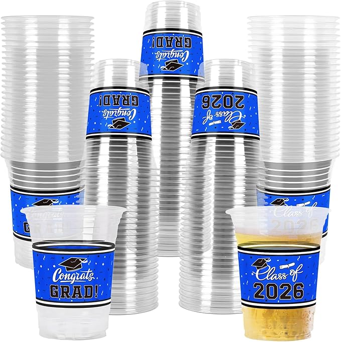 Gatherfun Graduation Decorations 2026-100 Pcs 16oz Blue Graduation Plastic Cups for Grad Party | Sturdy & Durable Drinkware for Grad Festivities | Essential Grad Party Supplies & Decorations