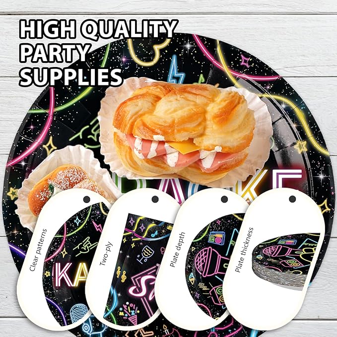 96Pcs Karaoke Party Supplies Music Disco Microphone Plates and Napkins Karaoke Night Neon Music Theme Tableware Set for Popular Singer Social Media Birthday Party Decorations Serves 24