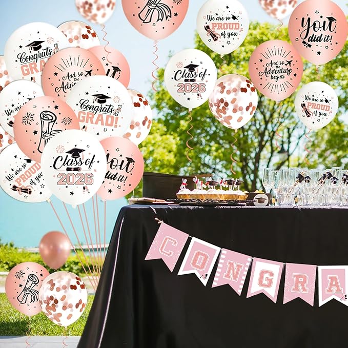 75Pcs Rosegold Graduation Balloons Decorations Class of 2026 Graduation Party Supplies with Congrats Balloon Ribbons for Congrats Party Decoration