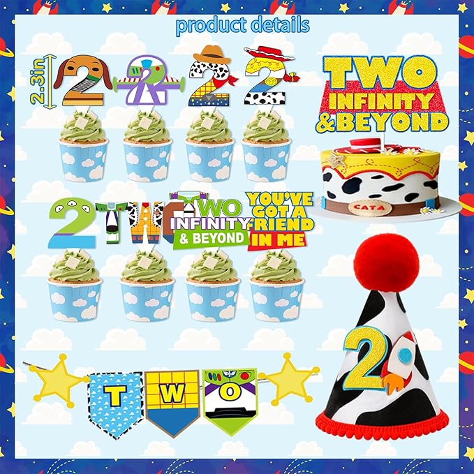 METIXOZE Two Infinity and Beyond Birthday Decorations Blue Clouds Cartoon Story 2nd Birthday Party Supplies include Backdrop Crown Cake Cupcake Toppers Hanging Swirls Two Banner Balloons Tablecloth