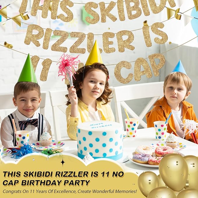 Fulmoon Pre Strung This Skibidi Rizzler Is 11 No Cap Glitter Banner 11th Birthday Party Decorations, Funny Birthday Sign, Party Supplies, Ideas, Gifts, Champagne Gold