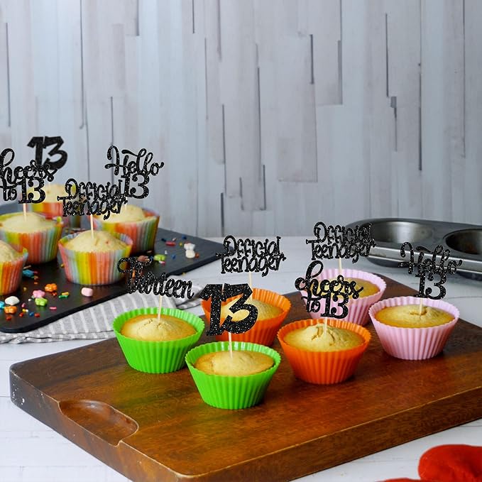 30Pcs 13th Birthday Cupcake Toppers Hello 13 Cupcake Picks Official Teenager Cheers to 13 Years Old Cake Decorations for 13th Birthday Anniversary Party Supplies Black Glitter