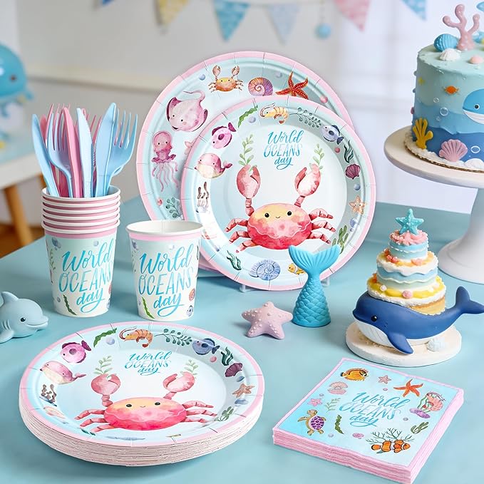 144Pcs Under the Sea Animal Birthday Party Supplies Decorations Paper Plates Napkins Vintage Party Tableware Disposable Pink Ocean Dinnerware Set for Kids Birthday Baby Shower Table Decor, Serve 24