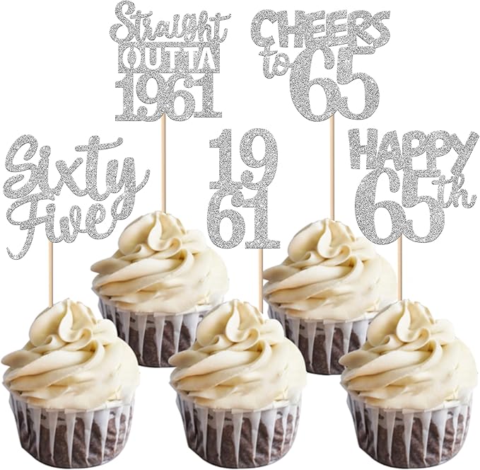 30 PCS 65th Birthday Cupcake Toppers Glitter Sixty Five Happy 65 Straight Outta 1961 Cupcake Picks for Cheers to 65 Fabulous 65th Birthday Anniversary Party Cake Decorations Supplier Silver