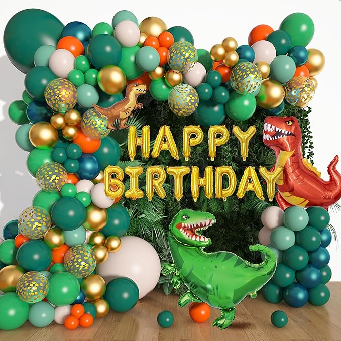 Amandir 165Pcs Dinosaur Balloons Arch Garland Kit, Sage Green Orange 6Pcs Dino Foil Balloons Happy Birthday Balloon for Jungle Safari Dinosaur Themed Party Decorations Supplies Boys