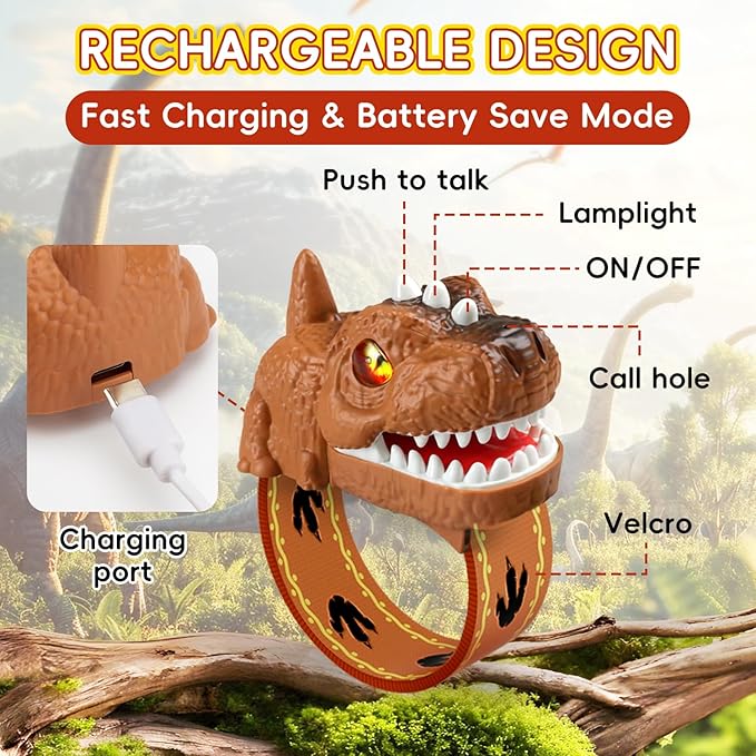Dinosaur Walkie Talkies for Kids Rechargeable, Wrist Two Way Radios with Flashlight, Long Range Outdoor Adventure Toys,Brown Dino Watch Walkie Talkie Birthday Gifts for Boys Girls Ages 4-12