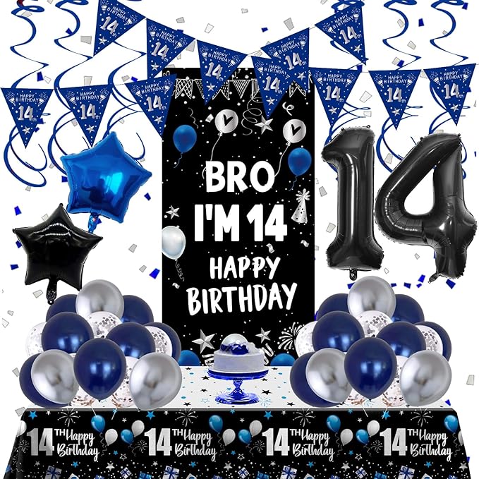 14th Birthday Decorations for Boys Girls, Dark Blue 14 Year Old Bday Decorations with Happy 14th Birthday Banner Backdrop Tablecloth, Party Supplies with 14 Balloon Numbers, Triangle Flag, Foil Stars