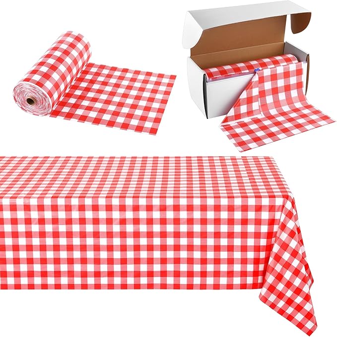 Kochorie 54 Inch x 300 Ft Red Checkered Plastic Table Cloth Roll Disposable Waterproof Table Cover with Easy Slide Cutter for Outdoor Picnic/Home Dining/Spring Party